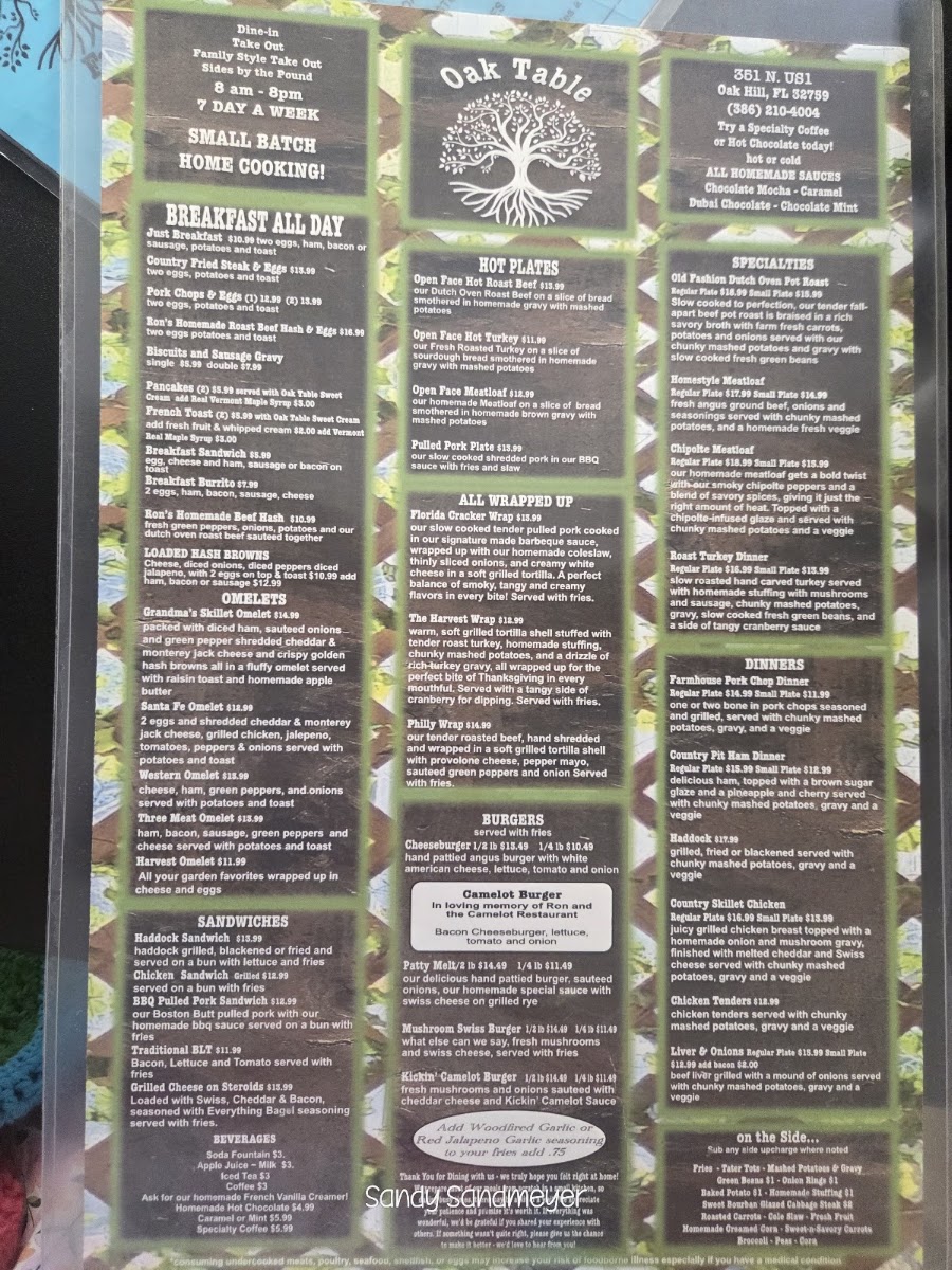 The Oak Table Family Diner Menu 2
